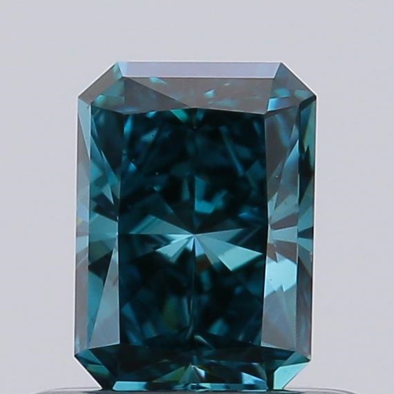 Actual 0.51 carat Fancy Deep Greenish Blue Radiant lab-grown diamond